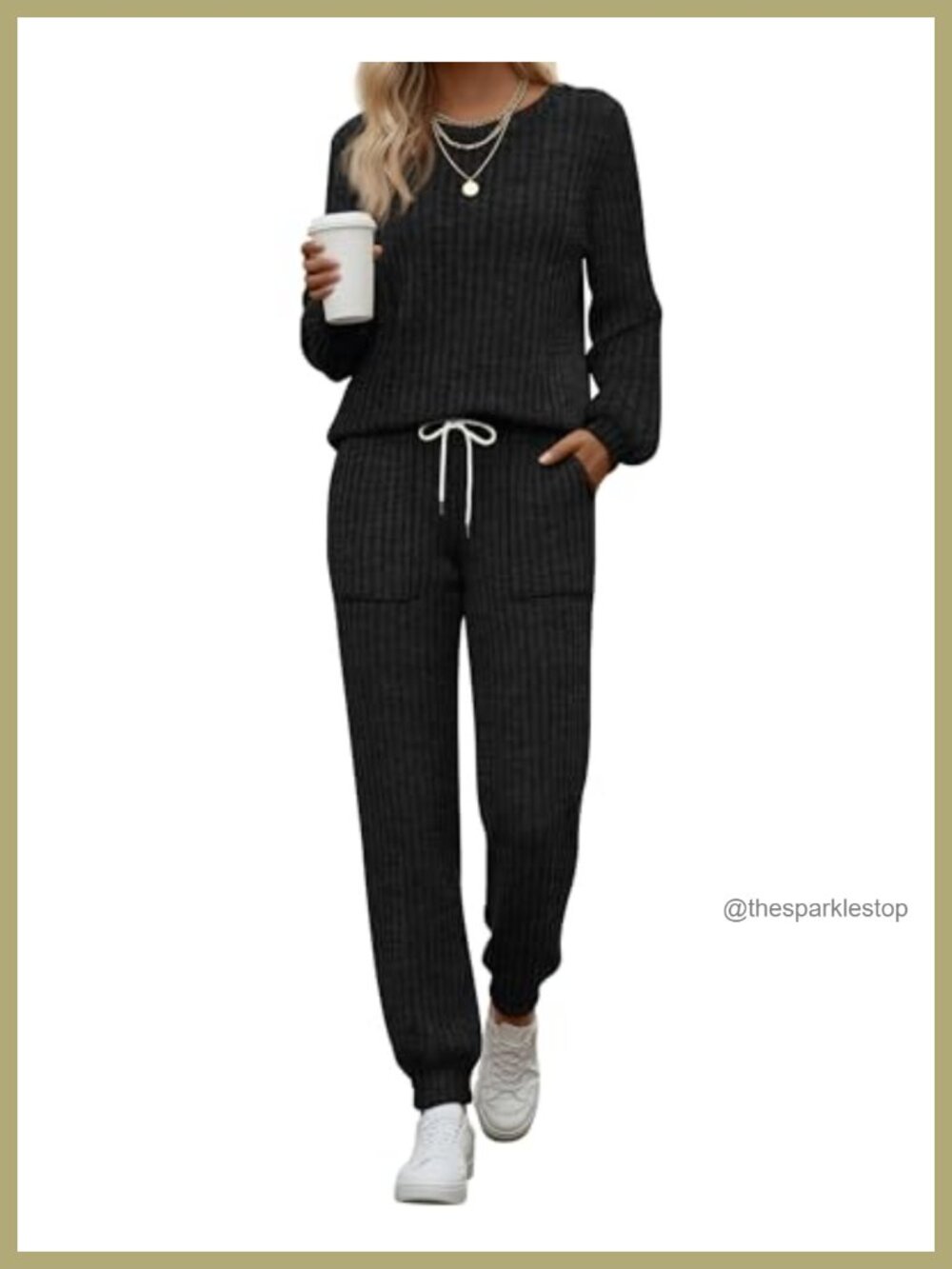 Women's 2 Piece Ribbed Lounge Set Long Sleeve Pajama Drawstring